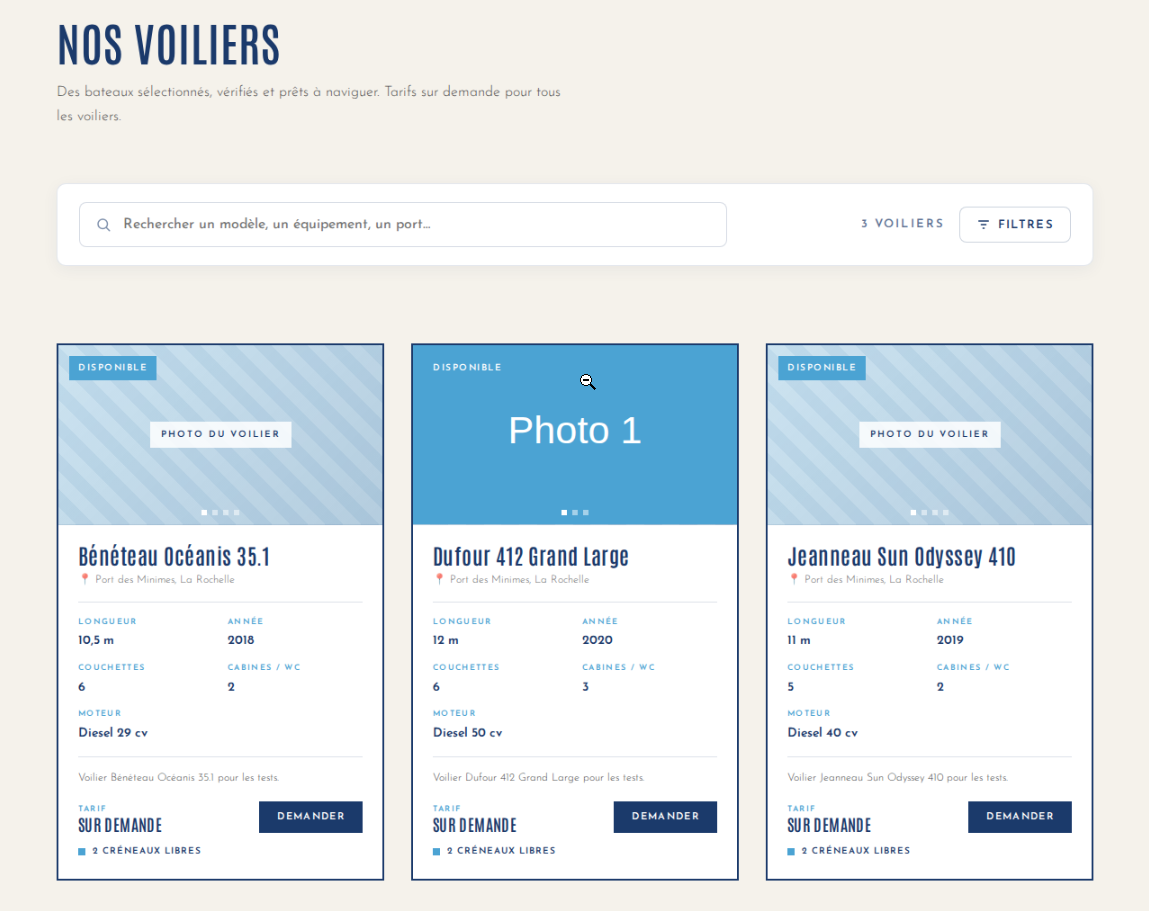 Catalogue des voiliers avec recherche et filtres