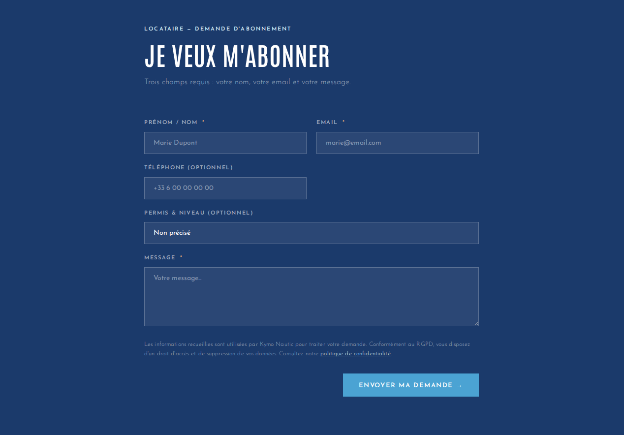 Formulaire de demande d'abonnement avec mention RGPD